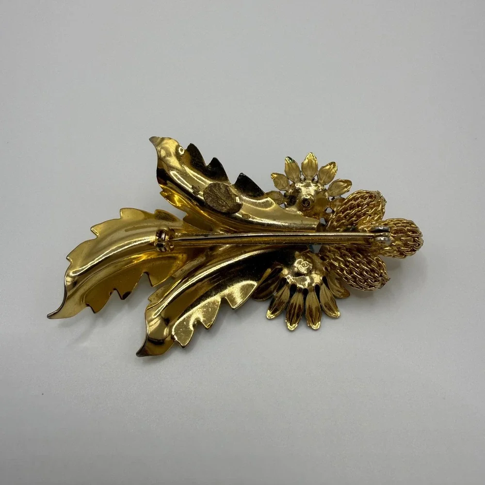 Vintage Blue Enamel Sunflower Green Leaf Gold Tone Rhinestone Floral Brooch Pin